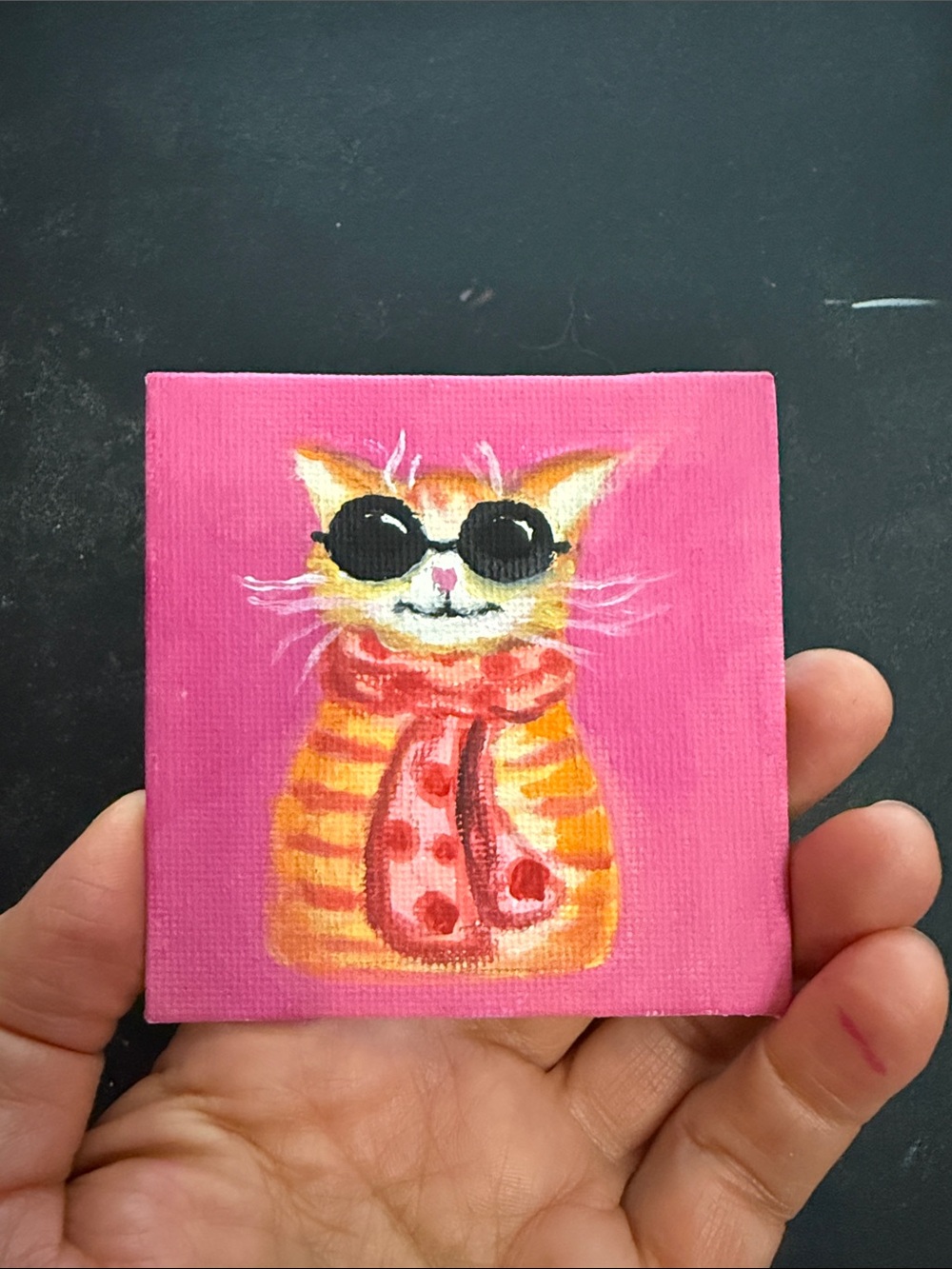 Cat Portrait Mini Canvas - Pink Fashion Cat Artwork, fridge magnet 3”x 3”